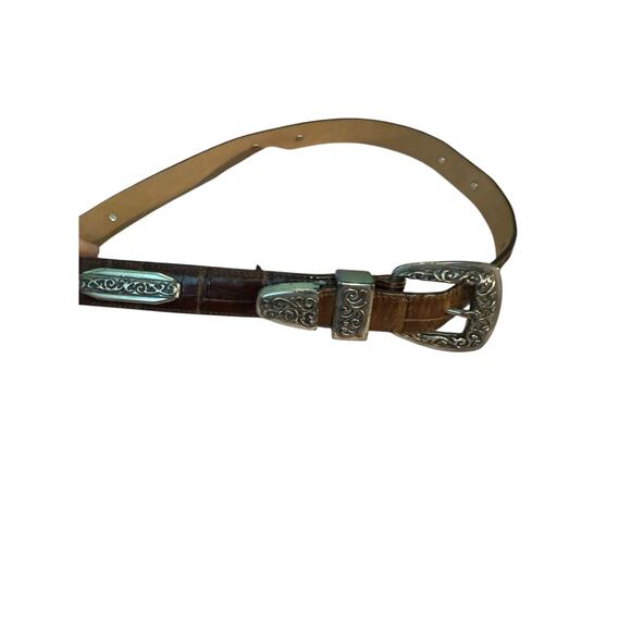 Brighton Accessories - Vintage Brighton Brown 1984 Leather Croc w/3 Piece Silver Buckle Set   M